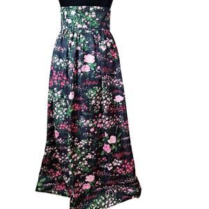 Vintage 70s High Waist Black Pink Rose Floral Maxi Skirt Mod Hippie Size Small